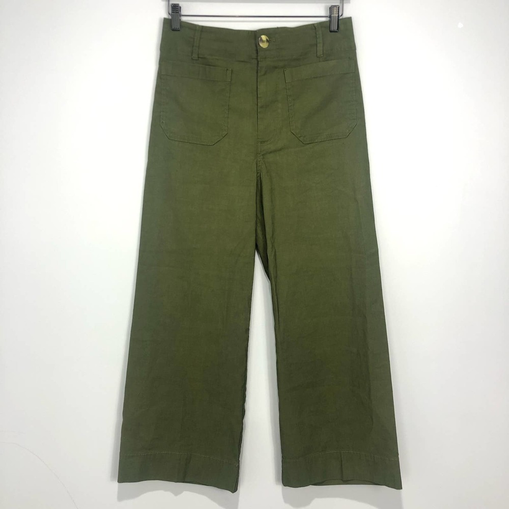Anthropologie Maeve Colette Cropped Wide-Leg Linen Pants Dark Green 29